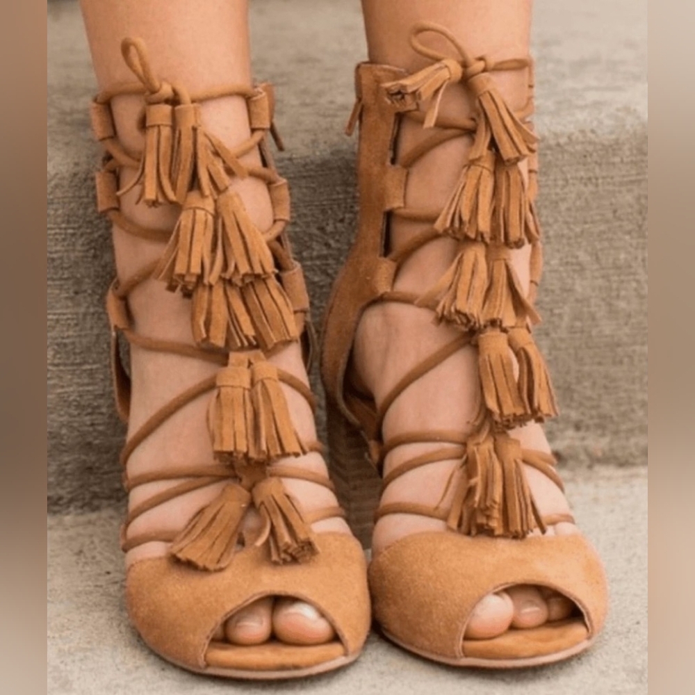 Joyfolie IMALA In Nutmeg Suede Lace-Up Gladiator Heeled Booties 9.5
